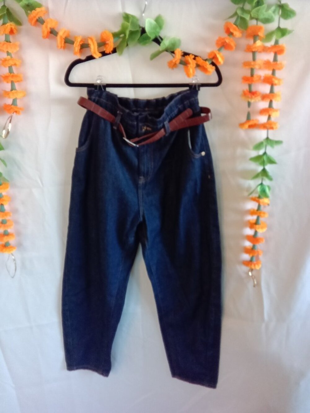 NWOT Zara Paperbag High Waist Belted Dark Blue Jeans - Size 8